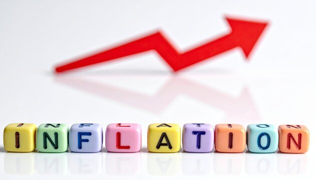 Colorful alphabet beads spelling 'INFLATION' placed on clean white background with a rising red arrow graph pointing upward