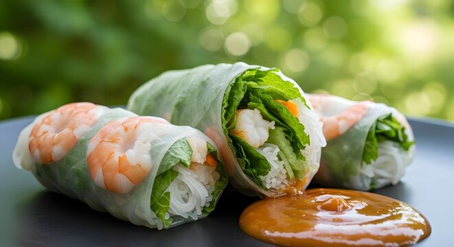 Vietnamese Spring Rolls with Shrimp, Noodles, and Peanut Sauce.