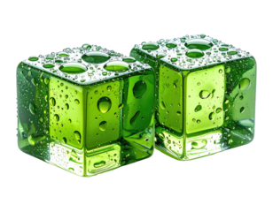 Two vibrant green ice cubes, wet with droplets, close up