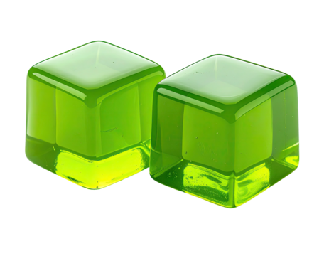 Two vibrant lime-green, cube-shaped objects, glossy and transparent, appear to be decorative or edible