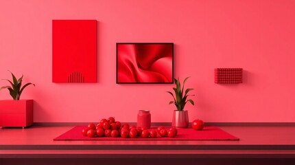 Monochromatic Elegance: A minimalist living room bathed in a stunning red hue, featuring sleek furniture and artistic decor, creating a captivating visual experience.
