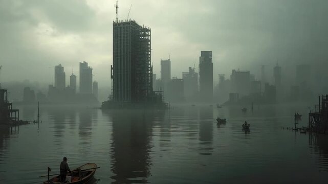 Planting oar blade as mist lifts, lone rower propelling boat on river toward high-rise, copy space