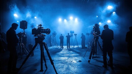 Silhouetted figures stand amidst multiple cameras on tripods, under blue stage lights and smoke