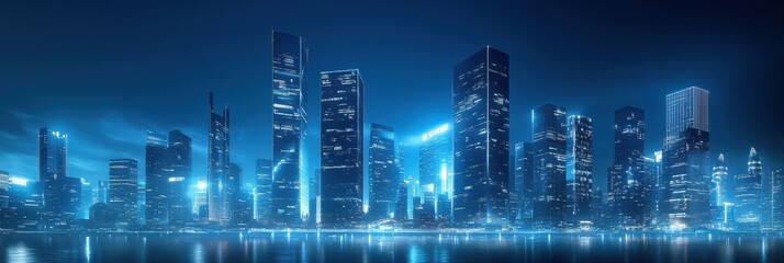 Fototapeta premium Modern skyline at night with illuminated buildings reflecting on water