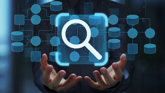 Data flow monitoring and analytics. Detection of issues and anomalies in data flow. Engineer holding dataflow diagram and magnifier icon.