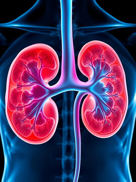Kidneys anatomy showcasing chronic kidney disease (CKD). reduced size and irregular shape, visualization of fibrotic tissue replacing healthy nephrons. Highlight areas where kidney function is impaire