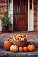 Basket of candy bars and mini pumpkins on brick porch steps with a wooden door, natural photo style, concept of Halloween decoration