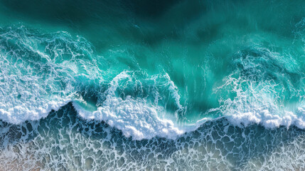 Ocean Wave Cresting: An aerial perspective of the vast, powerful ocean, where turquoise waves crash against the shore, creating a dynamic display of nature's raw energy. 