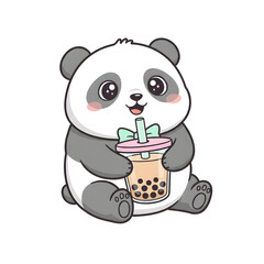 Adorable kawaii panda sitting with bubble tea, soft pastel colors, blushing cheeks, playful pose, outlined cartoon vector style.