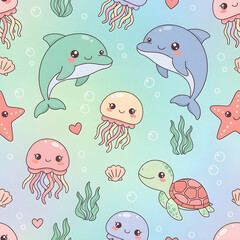 Kawaii Underwater Friends. Vector illustration.