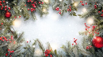 Snowy christmas background with red berries and pine branches