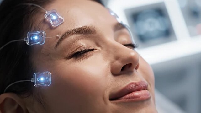 Woman Undergoing Advanced Neurological Brain Scan with Electrodes.