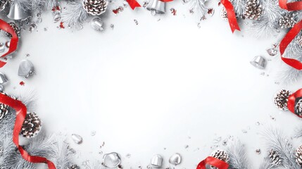 Festive christmas frame with pinecones bells ribbons and snowy fir branches