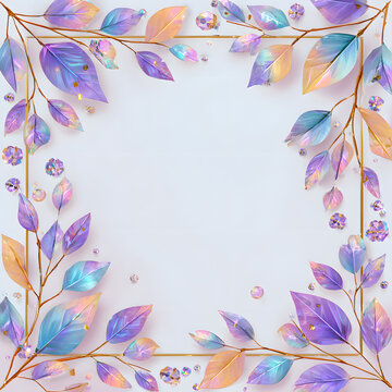 Colorful 7d effect floral holographic crystal frame with thin border leaves with white background.