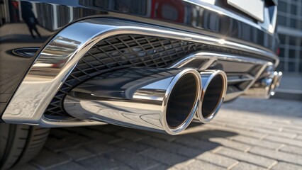 "Close-Up of Dual Chrome Exhaust Pipes on Modern Car Rear Bumper Reflecting Sunlight"