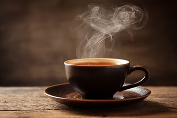 Obraz premium Hot steaming tea in dark ceramic cup on wooden table