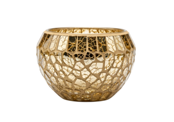 Elegant gold mosaic glass bowl displayed against a dramatic Isolated on transparent background