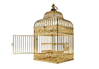 Elegant ornate golden birdcage open door with luxurious details Isolated on transparent background