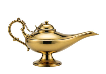 Gleaming golden genie lamp shining Isolated on transparent background for magic and wishes