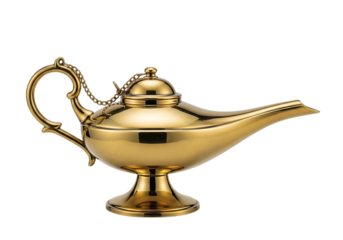 Gleaming golden genie lamp shining Isolated on transparent background for magic and wishes