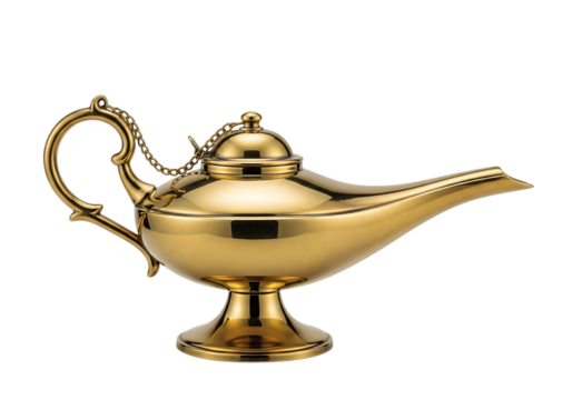 Gleaming golden genie lamp shining Isolated on transparent background for magic and wishes
