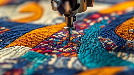 Sewing machine stitching patterned fabric, close-up on the needle and fabric texture