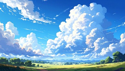Fototapeta premium Cartoon landscape with blue sky, large fluffy white clouds, and green rolling hills in a sunny day scene