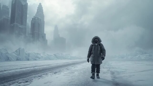 Fog shifting releasing figure in fur parka advancing across ice-locked street, with frozen towers
