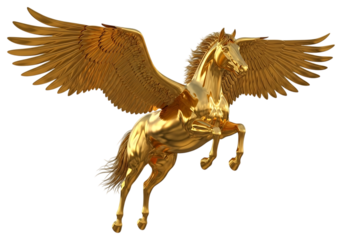 A majestic golden pegasus sculpture with spreading wings Isolated on transparent background