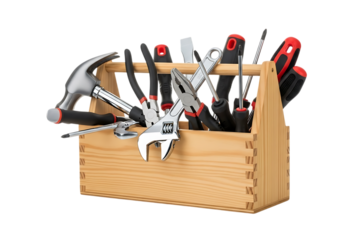 Wooden toolbox filled with various hand tools Isolated on transparent background