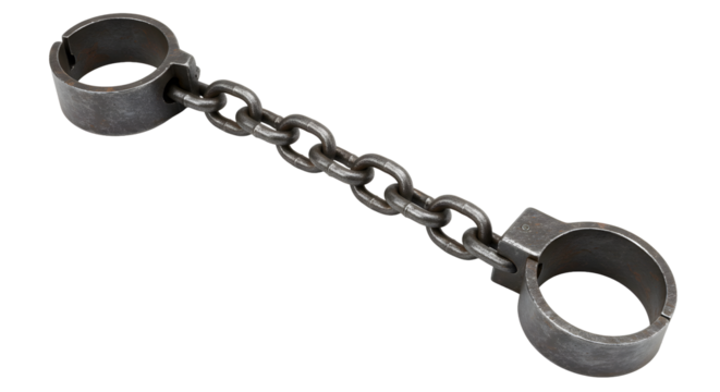 Heavy antique iron shackles and chain symbolizing restriction historical captivity and struggle for freedom