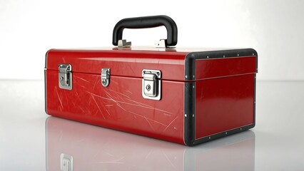 "Red Metal Toolbox with Black Handle and Scratches on Reflective White Surface"