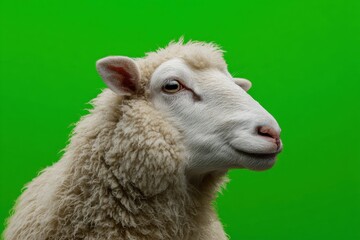 Obraz premium Sheep isolated against a on a solid green studio background. Lamb portrait banner style image. Soft light. Frontal head view. Fluffy wool texture. standing pose. Cute Farm Animal Scene Ram, Ewe.