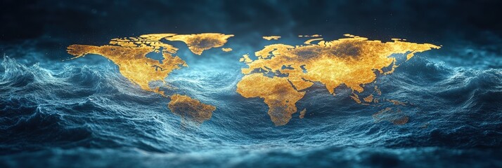 Creative graphic layout showcasing a golden world map over ocean waves