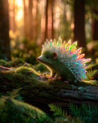 Obraz premium Magical crystal hedgehog in enchanted forest, fantasy creature concept