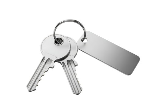Two shiny keys with key tag on a ring Isolated on transparent background