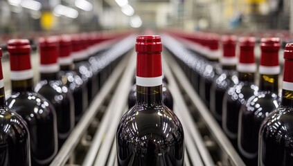 Rows of wine bottles with red caps move down a conveyor belt in a production facility