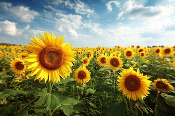Fototapeta premium Sunflower field in full bloom under blue sky with clouds