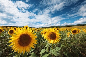 Sunflower field in full bloom under blue sky with clouds