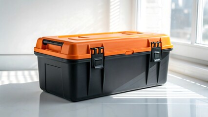 Orange and black plastic toolbox on bright surface with sunlight shining through window 

