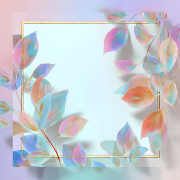 Colorful 7d effect floral holographic crystal frame with thin border leaves with white background.