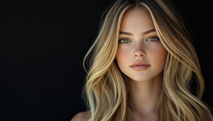 Portrait of a young woman with flowing blonde and highlighted hair against a dark background