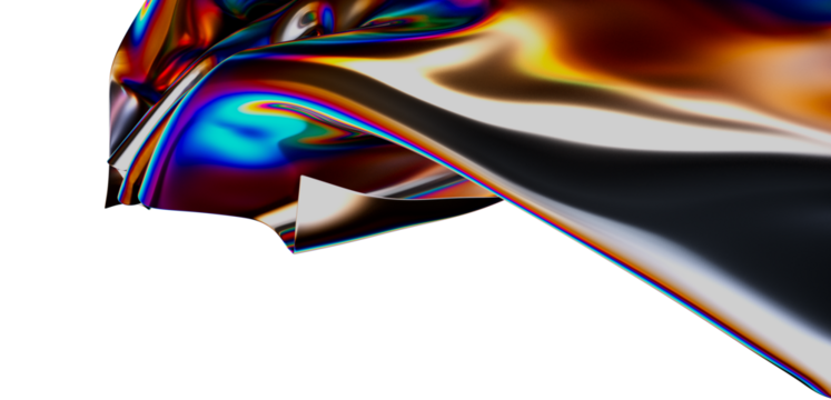 Colorful abstract flowing cloth with iridescent finish, creating a modern artistic design with vibrant colors and textures. Suitable for backgro