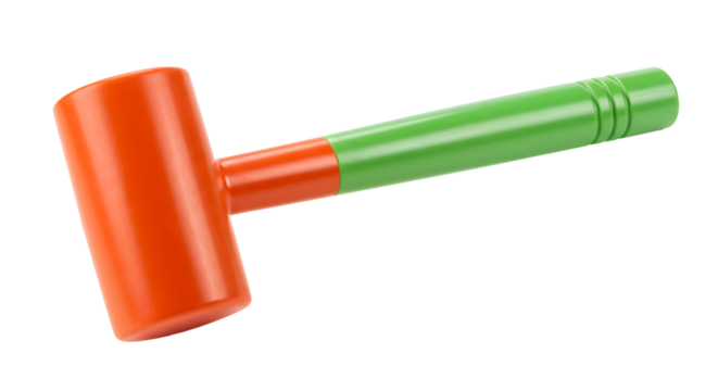 Vibrant orange and green plastic toy mallet, perfect for playtime fun and educational activities, a safe and engaging tool for young builders.