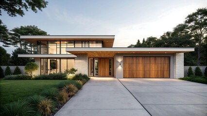"Modern Two-Story House with Wooden Garage Door, Large Windows, and Minimalist Landscaping at Sunset"