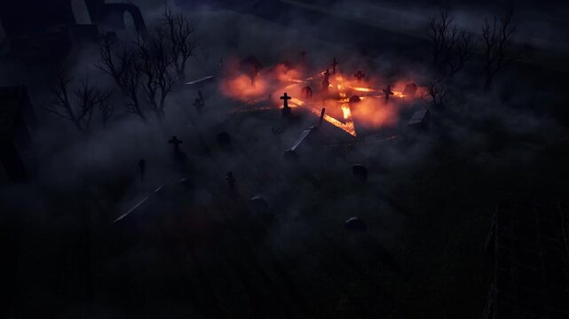 Halloween. Activating a portal to summon a demon in an abandoned old cemetery. 3D rendering.