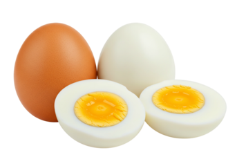 Boiled egg halves and whole egg brown and white color on transparent background