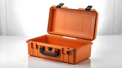 "Open Orange Plastic Toolbox with Black Handle on Reflective White Surface"