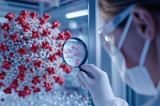 Scientist examines viral structure with magnifying glass in laboratory setting