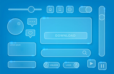 Vector illustration. Glassmorphism glass icon set of ui ux elements for mobile app user interface.